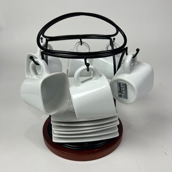 B Smith Style Ceramic Expresso Coffee Set White w/ Hanging Rack Set Of 6 - Picture 2 of 4